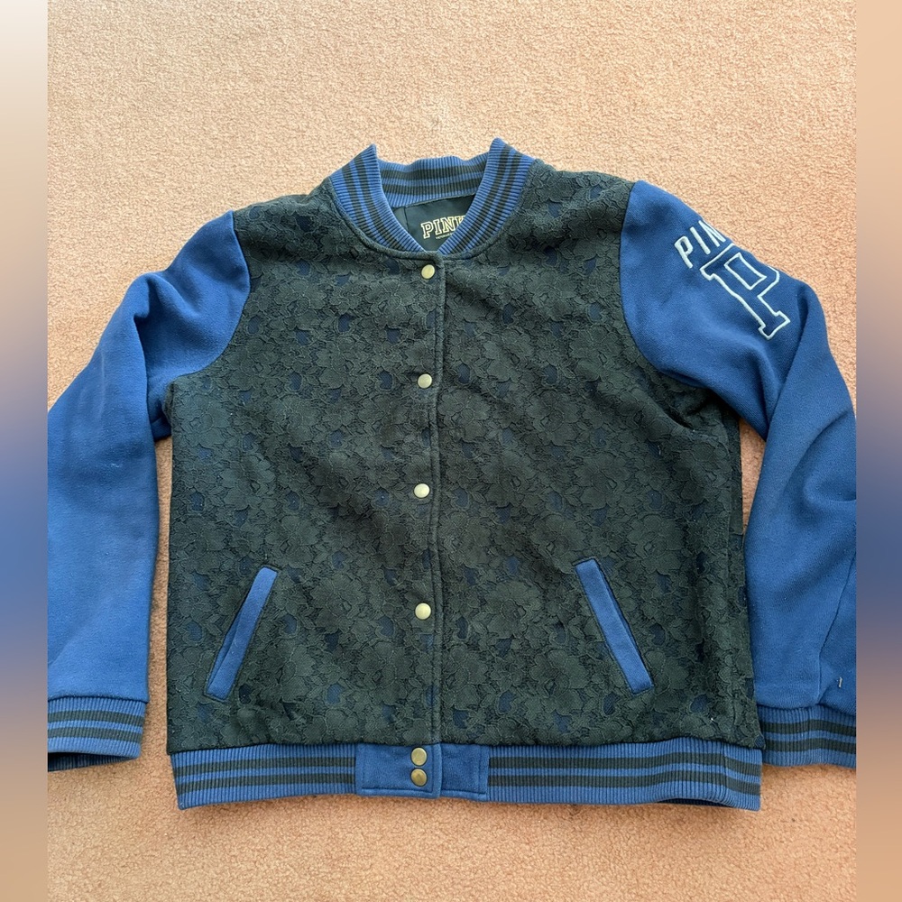 Pre Owned PINK Victoria's Secret Varsity Blue Black Lace Bomber Jacket Size L